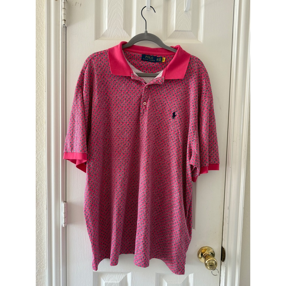 Polo‎ Ralph Lauren 2XB Polo Shirt Pink Geometric Print Short Sleeve Cotton Tall - Picture 2 of 8